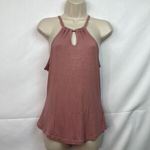Ekouaer rose pink ribbedbkeyholebtie neck halter top size large NWT